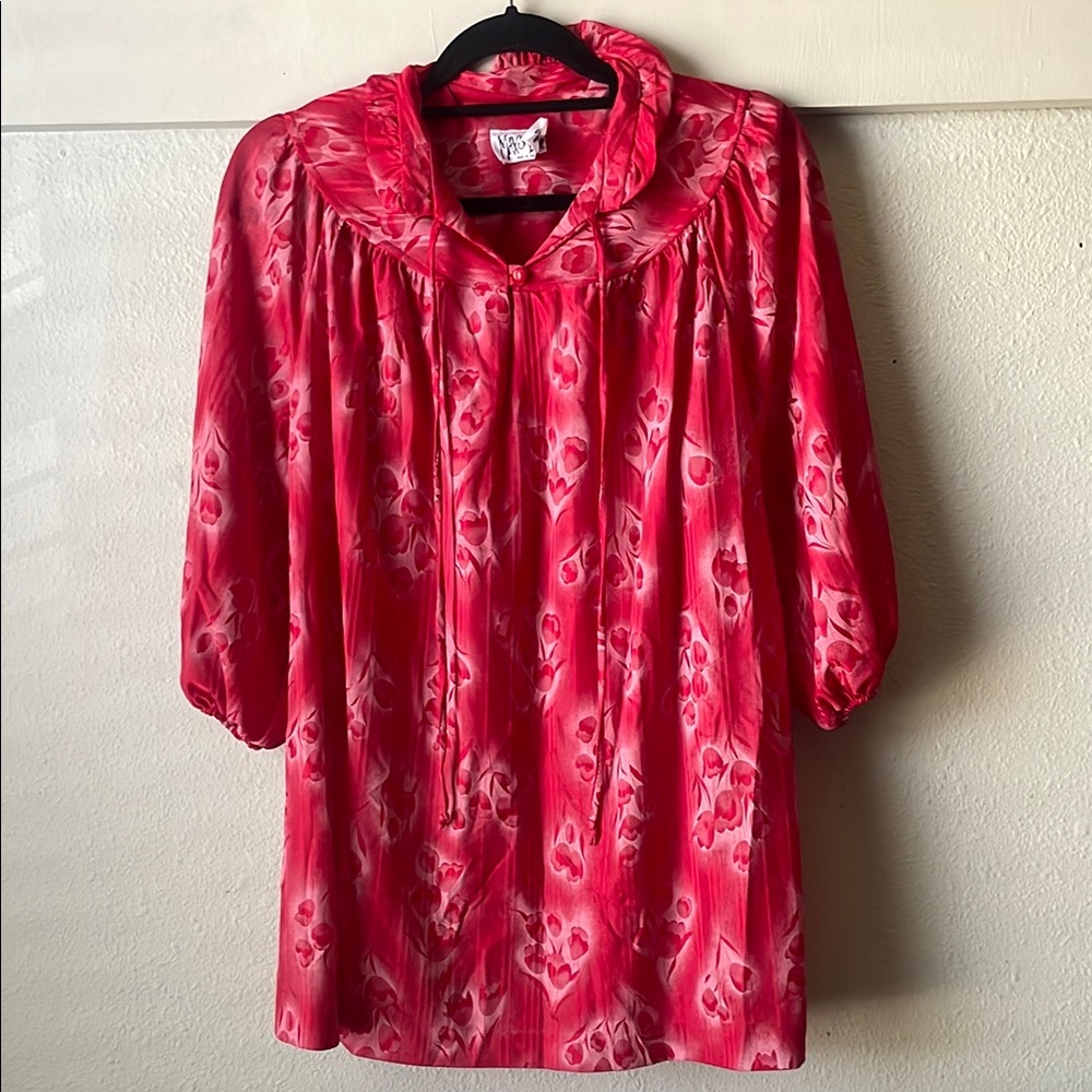 Vintage Max’s Lady sheer red floral balloon sleeve tunic blouse